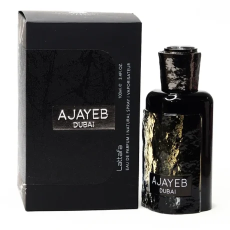 Lattafa Ajayab Dubai 100ML unisex perfume bottle in luxurious packaging. Elegant Ajayab Dubai fragrance bottle on a golden background. Lattafa Ajayab Dubai – Premium Arabian perfume for men and women.