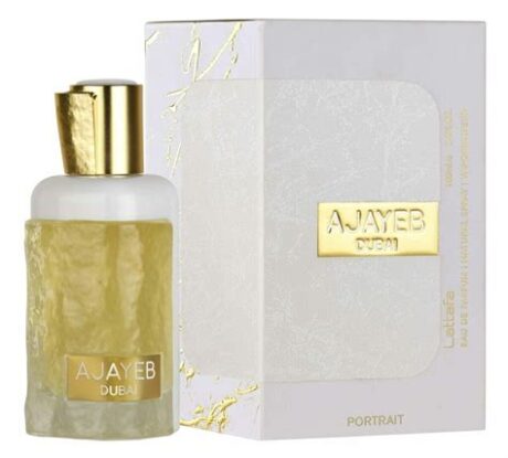 Lattafa Ajayab Dubai Portrait 100ML perfume bottle with luxurious design. Ajayab Dubai Portrait fragrance displayed on a golden silk background. "Unisex fragrance Lattafa Ajayab Dubai Portrait in elegant packaging.