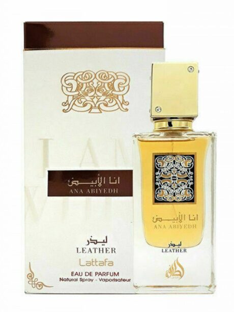 A luxurious bottle of Ana Abiyedh Leather 60ml EDP by Lattafa, featuring a rich, bold leather scent with oud, amber, and musk