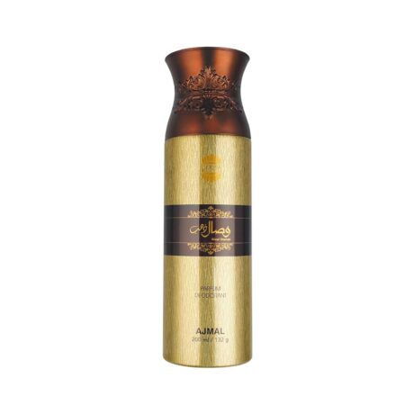 "Ajmal Wisal Dhahab Parfum Deo 200 ml bottle with a captivating blend of floral, musky, and woody notes, providing long-lasting freshness and elegance."