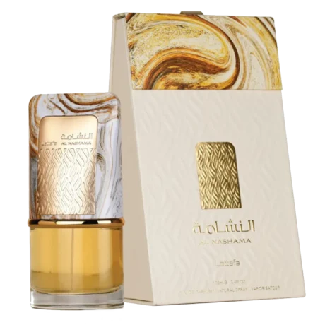 A premium bottle of Al-Nashama 100ml EDP by Lattafa, featuring an intricate design that reflects its bold and sophisticated oriental fragrance.