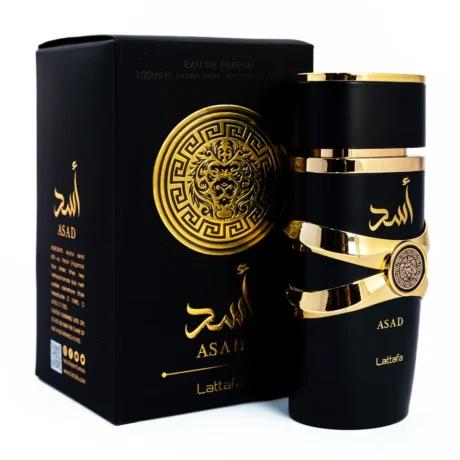 A sleek, masculine bottle of Asad 100ml EDP by Lattafa, featuring a bold and spicy woody scent with amber and musk