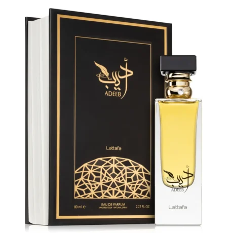 Lattafa Adeeb 80ML unisex perfume bottle with an elegant design. Luxurious Lattafa Adeeb displayed on a sleek black surface. Lattafa Adeeb – Bold and mesmerizing unisex fragrance.