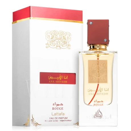 A luxurious red bottle of Ana Abiyedh Rouge 60ml EDP by Lattafa, featuring floral and fruity notes for an elegant and bold scent.