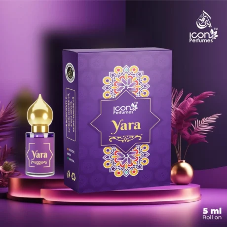 Icon Yara Roll On Luxury Concentrated Attar Oil – 5ml | Alcohol-free perfume oil with fruity, floral, and creamy gourmand notes.