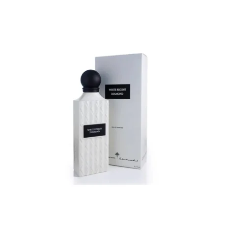 Ibraheem Al Qurashi White Regent Diamond Eau De Parfum 200ml – Elegant white bottle with textured diamond pattern and black cap, presented in a sleek white box
