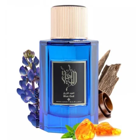 Luxury unisex perfume with oud, blue lilies, and amber notes