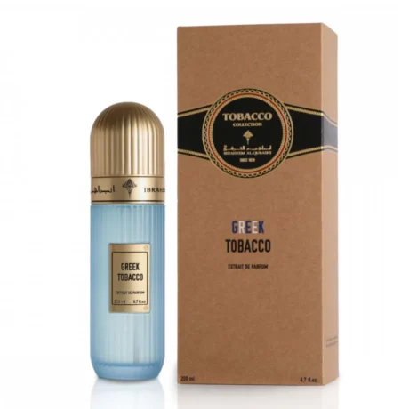 Ibraheem Al Qurashi Greek Tobacco Extrait De Parfum bottle front view showing elegant gold and black design