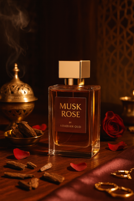 A premium Arabian luxury flatlay featuring the “Musk Rose by Arabian Oud” perfume bottle
